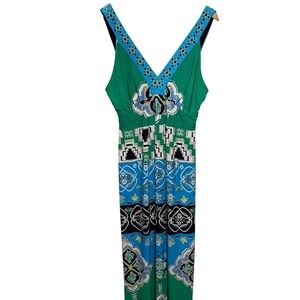 Style & Co Blue & Green Patterned V-Neck Summer Maxi Dress‎ Size M